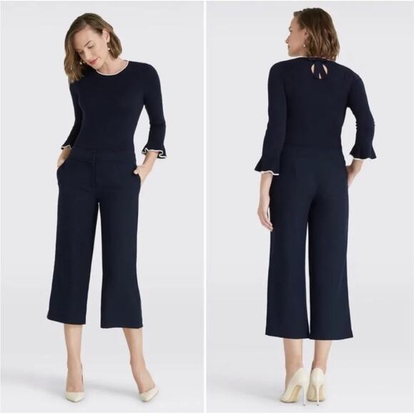 Draper James Scallop Crop Wide Leg Pants Nassau Navy Blue 4 - Picture 1 of 10
